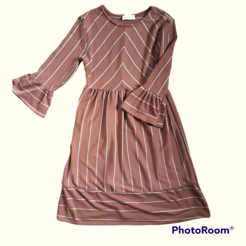 Ces Femme Brown Chevron Striped Midi Dress with Bell Sleeves